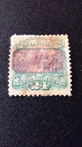 U.S., Stamp, Scott #120 U/NG, 24 cent, Green/Violet, 1869, perf 12, short perfs - Picture 1 of 2
