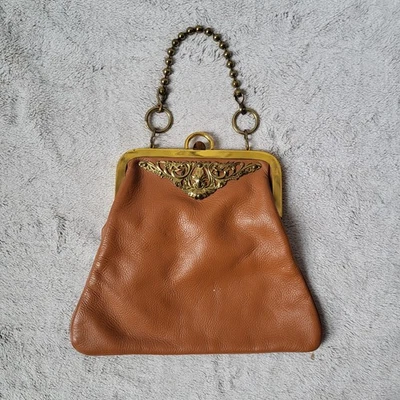 Bolso de mano de colección Roger Van S de cuero marrón con bloqueo de beso con cadena de cuentas de latón Foto 1 de 4