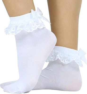 Sexy Calcetines Blancos con Lazo en la Espalda con Volantes Lazo Blanco con Gotas de Lágrima Bordadas Nuevos con Etiquetas Foto 1 de 4