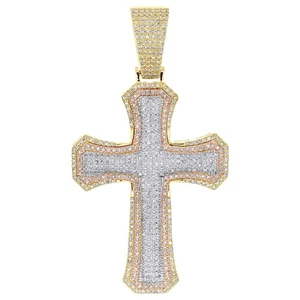 10K Tri-Color Gold Genuine Diamond Men's Tier Charm Budded Cross Pendant 0.65 CT - Picture 1 of 6