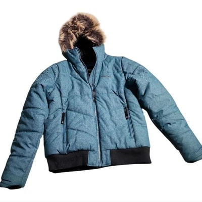 MARMOT Puffer jacket Faux Fur Trim Hoodie Girl's Sz XL Teal Winter Snow Days - Image 1 of 4