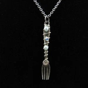 Wire Wrapped Beaded Silvertone Fork Pendant Necklace Handmade Fashion Jewelry - Picture 1 of 15