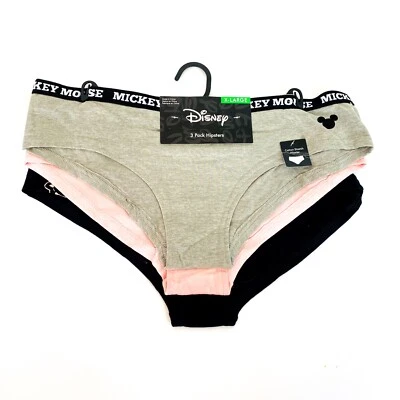 NUEVO Paquete de 3 Ropa Interior Hipster de Algodón Disney Mickey para Mujer XL Negro Gris Rosa Foto 1 de 4