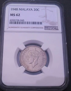 1948 Malaya 20 Cents , NGC MS 62 , nice unc. coin        # 1598 ,48-6 - Picture 1 of 4