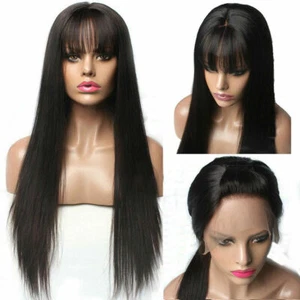 Long Straight Human Hair Wig with Bangs Full Machine Made Wigs Natural Black 26" - Picture 1 of 12