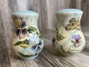 Vintage Handpainted Porcelain Pansy Flower and Butterfly Salt and Pepper Shakers - Picture 1 of 4