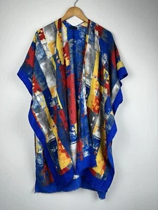 Janice Women One Size Blue Red Wool Cotton Blend Shawl Wrap Cape Kimono Art Soft - Picture 1 of 13