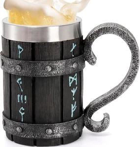 Wooden Viking Beer Mug, 17 OZ Stainless Steel Viking Barrel Tankard Beer Cup wit - Picture 1 of 7