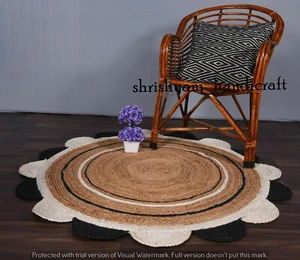 Alfombra de yute festoneada alfombra de vieira negra redonda alfombra de yute natural alfombras tejidas a mano - Imagen 1 de 5