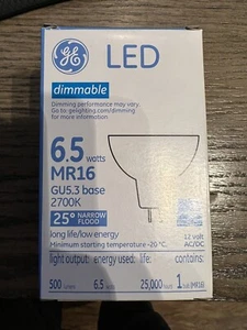 GE LED Bulk (Lot of 6) MR16,2700K, 6.5 watt 500 lumens narrow flood light bulbs - Picture 1 of 4