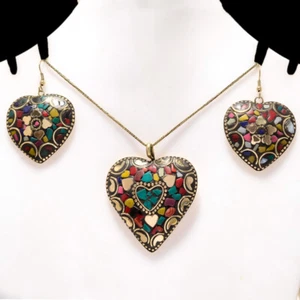 Turquoise ,Coral &Multi Cut Stone Gold Plated Nepali Pendant Earring Set 2'' - Picture 1 of 1