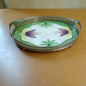 Vintage Art Deco Porcelain & Silver Metal Oval Drinks Tray, green & purple