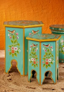 SET OF "TWO" HAND PAINTED INDIAN HEXAGONAL TABLES - Picture 1 of 6