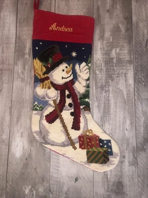 VTG 90s Lillian Vernon Christmas Stocking Needlepoint Wool Snowman “Andrea” - Image 1 of 4