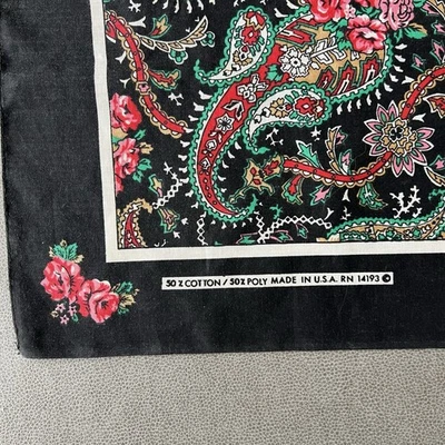 Pañuelo Vintage Bandana RN 14193 Negro Floral Rosas Poliéster/Algodón Hecho en EE. UU. Foto 1 de 4