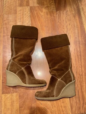 Kenneth Cole Y2K Brown Leather Suede Knee High Fur Wedge Boots Size 7.5 - Image 1 of 4