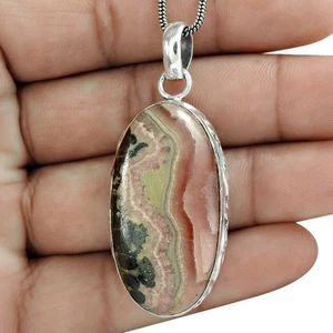 925 Silver Oval Rhodochrosite Gemstone Engagement Wedding Bezel Handmade Pendant - Picture 1 of 4