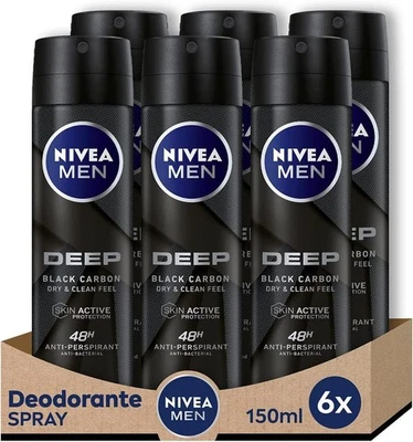 NIVEA MEN Deep Spray 6 x 150 ml Deodorante uomo arricchito con Carbone Attivo per fino
