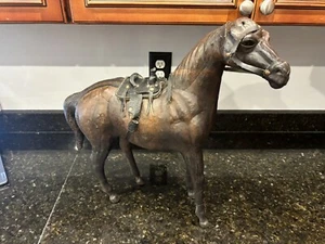 Vintage große Holz Pferd Statue handgeschnitzt Leder umwickelt 19" hoch **LESEN** - Bild 1 von 7