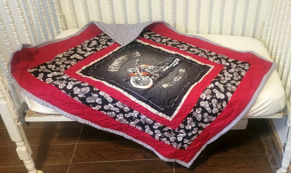 Baby Crib Quilt M/W Rule The Road Motorcycle Fabric  - Image 1 of 4