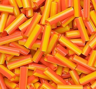 Bugle Bead, Orange Yellow 2-Tone Glass 1/4" Long Tube Bugle Bead 50 Gms (1400) * - Image 1 of 2