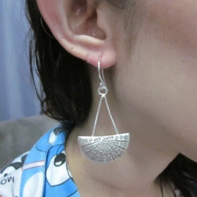 FINE SILVER EARRINGS 925 STERLING DANGLE STYLIST ASIAN ART CURVE HALF MOON - Image 1 of 4