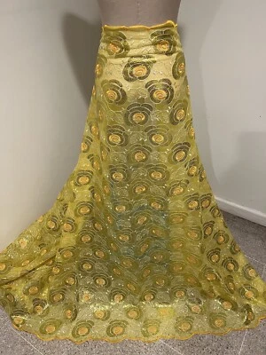 Yellow Gold Embroidery Sequins Lace Fabric 50” Width Sold By The Yard - Image 1 of 4