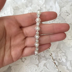 Pearl & Rhinestone Diamante Chain Trim Wedding Dress Belt Bridal Applique - Picture 1 of 11