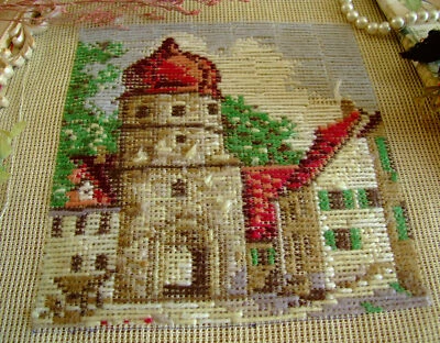 Red Roof Castel Handmade Tramme Preworked Needlepoint Canvas - Image 1 of 4