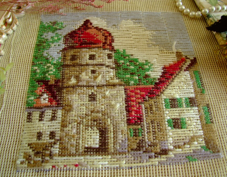 Red Roof Castel Handmade Tramme Preworked Needlepoint Canvas - Image 1 of 4
