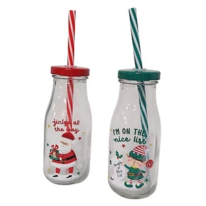 Christmas Glass Milk Bottle with Lid & Straw Santa and Elf Designs for Christmas - Picture 1 of 13