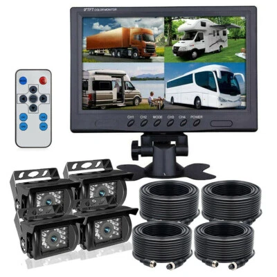 9" Quad Split Screen Monitor + CCD Rear View Backup Camera for Car RV Bus Truck - Image 1 of 4