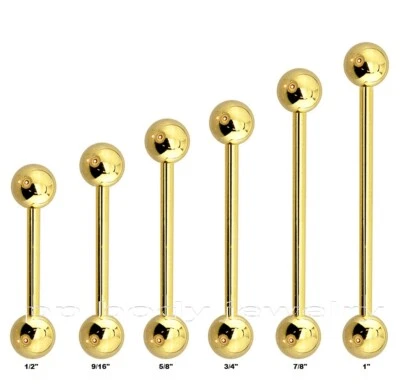 PAIR 14G Gold Plated Surgical Steel Tongue Ring Nipple Ring Barbell 5mm 6mm Ball - Image 1 of 3