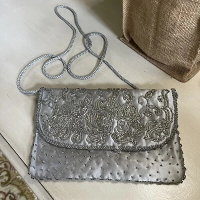 Vintage Purse Valerie Stevens Gray Beaded Crossbody Formal Prom Mirror Pocket - Image 1 of 4
