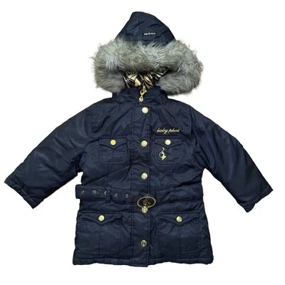 Baby Phat Girls 2T Black Faux Fur Hood Belted Puffer Coat Gold Logo Down Fill - Image 1 of 4