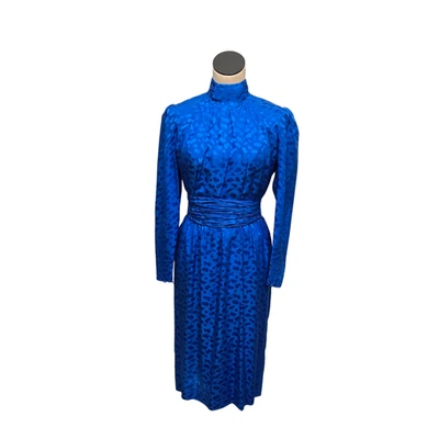 Vintage Adrianna Papell Dress Womens 6 Silk Jacquard High Neck Long Sleeve 80s - Image 1 of 4