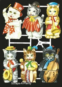 German Embossed Scrap Die Cut Relief - Kittens / Cats Musical Instruments EF7043 - Picture 1 of 1
