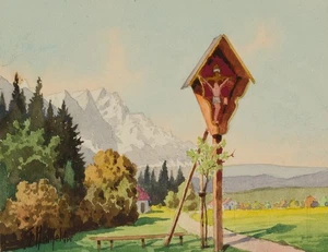 F. HOLLFELDER (20.Jhd), Flurkreuz, Molin bei Garmisch, um 1940, Aq. Historismus - Picture 1 of 4