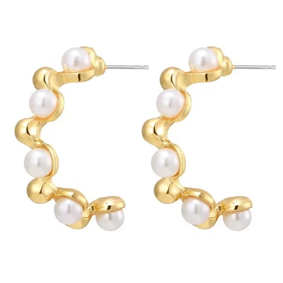 stilvoll C-Form CREOLE imitation perle Ohrringe vintage gold Kreole Damen - Bild 1 von 4