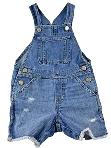 GAP Denim Shortalls Kids Girls XS Raw Hem Distressed Bib Overalls Blue - Picture 1 of 13
