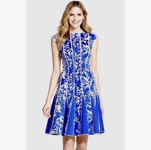 Tadashi Shoji Fit Flare besticktes Kleid Neopren royalblau weiß Gr. Medium - Bild 1 von 7