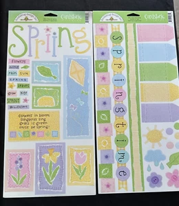 2 SPRING Doodlebug Cardstock Sticker Sheets 6"X13" FLOWERS~Borders~KITE~Rain New - Picture 1 of 4