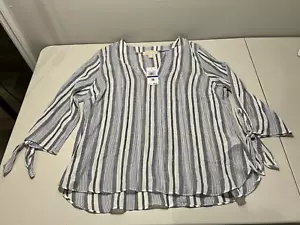 NWT MICHAEL KORS Women's Metallic Stripe Tie Sleeves Top Blue/ White XL - Picture 1 of 20