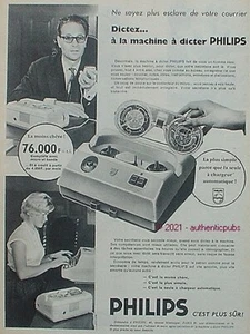 PUBLICITE PHILIPS MACHINE A DICTER SECRETAIRE 76.000 F DE 1959 AD PUB VINTAGE - Picture 1 of 1