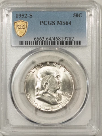1952-S FRANKLIN HALF DOLLAR - PCGS MS-64, SO CLOSE TO FBL! PREMIUM QUALITY! Cover