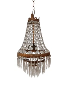 Lampadario stile Impero - mongolfiera con cristalli in vetro ed ottone -metà 900 - Foto 1 di 13