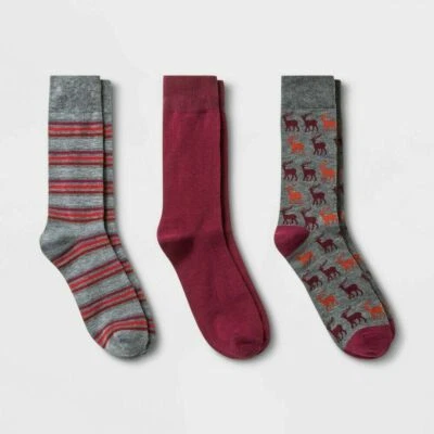Goodfellow Hombres Calcetines 7-12 Crew Vestido 3 Pk Reno Rayas Rojo Gris Nuevo Foto 1 de 4