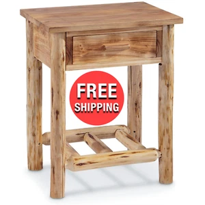 Side End Table Natural Pine Wood Farmhouse Log Stand Cabin Drawer Home Furniture - Picture 1 of 13