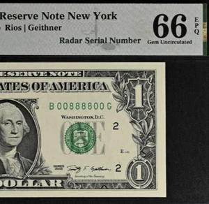 2009 $1 Federal Reserve Note PMG 66EPQ - Fancy Radar Serial Number 00888800 - Picture 1 of 3