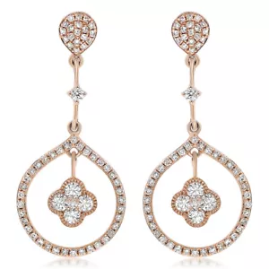 14K ROSÉGOLD PAVE DIAMANT BLUME CLUSTER VERZIERTE OHRRINGE BAUMELND - Bild 1 von 1